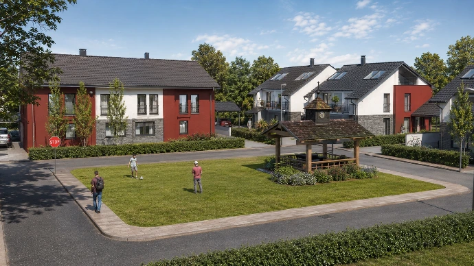 Rendering einer Neubausiedlung